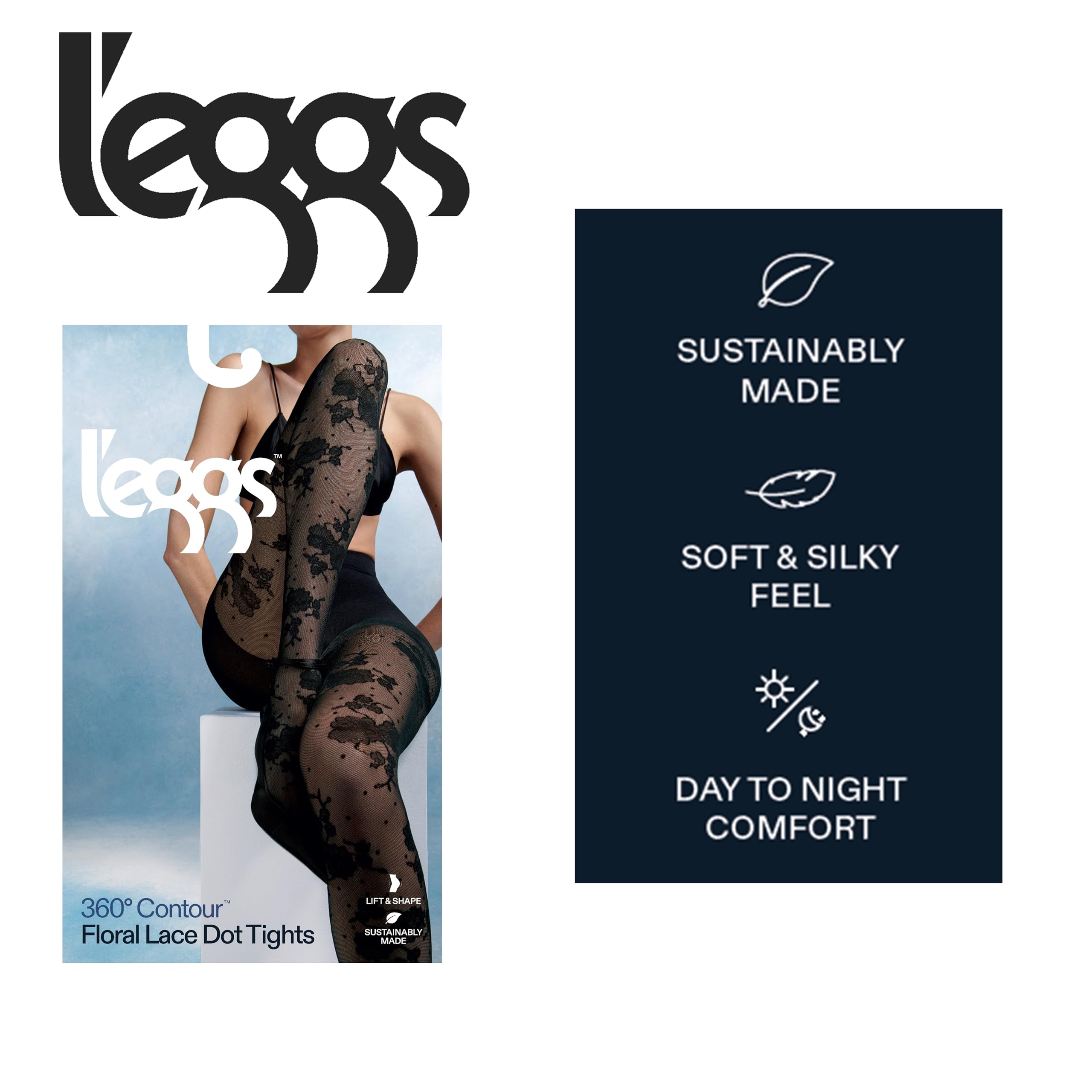 L'eggs Women's 360 Degree Contour Shaping Tights for Sculpted Style and Comfort, Black Floral Lace Dot - Image 3